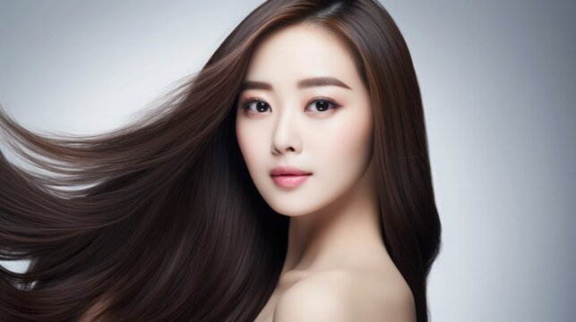 Beautiful Asian Chinese Woman Portrait Studio Photo Photography Profile Picture Young Model with Long Hair for Fashion Beauty Skincare Haircare Products on White Light Color Background 16:9