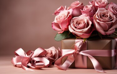 Bouquet of roses and gift for valentine day. Created with Ai