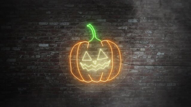 Pumpkin face neon signboard on bricks wall background. Concept of pumpking halloween. 