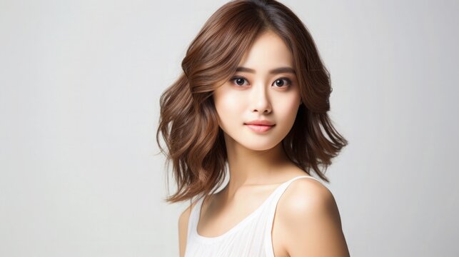 Beautiful Asian Japanese Woman Portrait Studio Photo Profile Picture Young Model with Short Mid Length Hair for Fashion Beauty Skincare Haircare Health Products on Light Solid Color Background 16:9