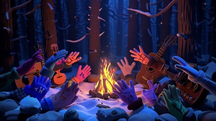 A group of gloves huddled around a tiny campfire in their finger puppet theater telling spooky stories with their puppet hands while one glove plays guitar