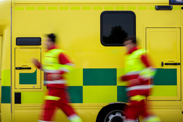Team two paramedic running to ambulance car of emergency medical service. Themes rescue, urgency...