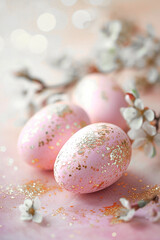 Fototapeta na wymiar Pink Easter eggs with gold decoration and spring apple tree flowers on a pink background. Banner, greeting card, ornament. Religious holidays concept. vertical photo