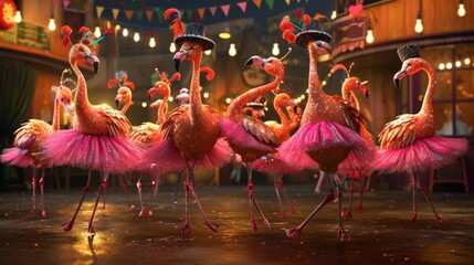 A group of sy flamingos showing off their synchronized dance moves clad in glittery tutus and top hats at the fiestas Great Flamenco Showdown - obrazy, fototapety, plakaty