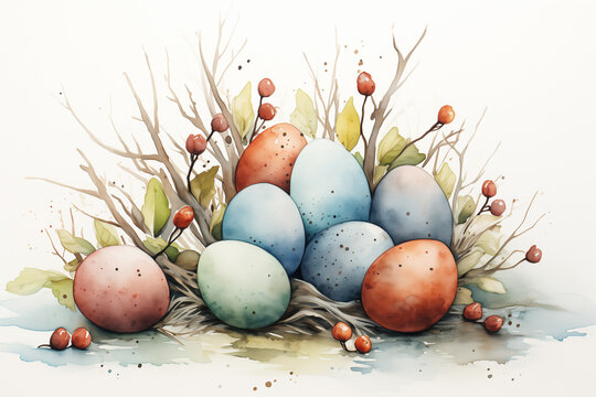 Watercolor Easter card with a pile of colorful eggs and hawthorn branches with green leaves and red berries
