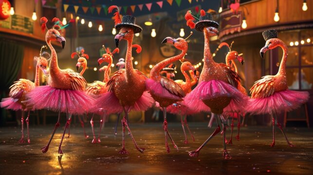 Naklejki A group of sy flamingos showing off their synchronized dance moves clad in glittery tutus and top hats at the fiestas Great Flamenco Showdown
