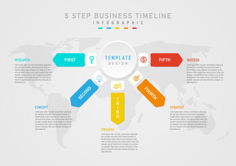5 Steps to Business Planning for Success Infographic Template Circle button in the middle of a white square with an icon in the middle. Multi-colored squares with gray text letters around the outside.
