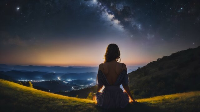 Girl sits on a hill at dusk and looks into the distance. A woman watches the starry night sky.