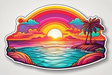 Fototapeta na wymiar Happy Beach Sun Sticker: Neon Folk Art Vector on White Background