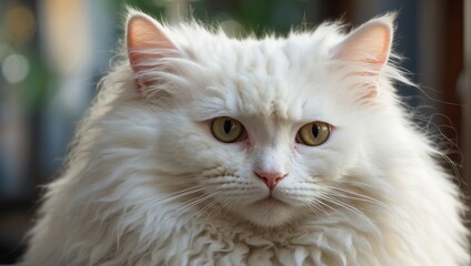 Naklejka na ściany i meble A photo featuring a beautiful, fluffy white cat with alert expression