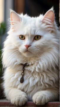 A photo featuring a beautiful, fluffy white cat with alert expression