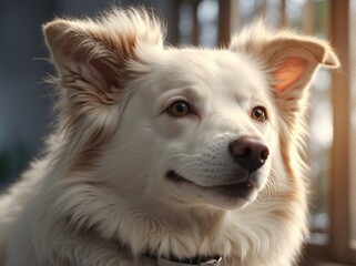 A close-up portrait of a happy white Border Collie, expressing joy and cheerfulness