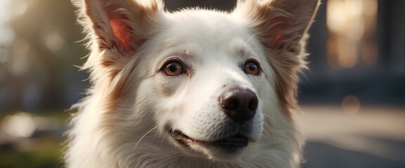 A close-up portrait of a happy white Border Collie, expressing joy and cheerfulness