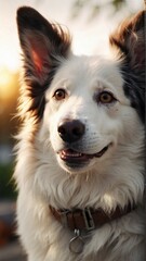 A close-up of a happy white Border Collie, expressing joy and cheerfulness