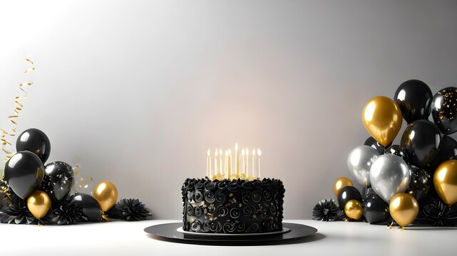 Black birthday cake with candles surrounded by gold, silver and black balloons on a white background. Holiday background with copy space.