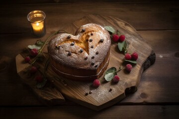 Heart-shaped cake displayed on a wooden table. Generative AI