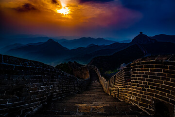 Sunset over the great wall in China