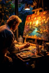 Artist creating intricate artwork with soft lighting in the late evening, Generative AI