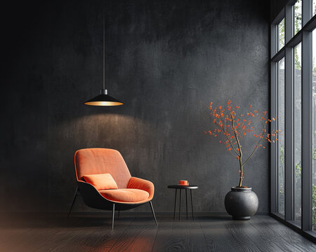 Empty living room interior, minimalistic scandinavian design. Dark concrete walls, orange peach details. Wide angle lens, studio shot