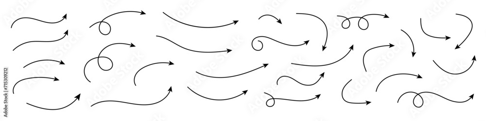 Poster set of vector curved arrows hand drawn. sketch doodle style. collection of pointers.