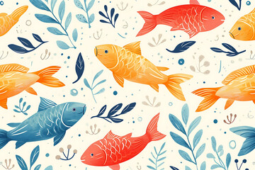 Colorful illustrated pattern of fish and marine flora. Ocean life and aquatic theme artwork. Decorative design for textile, wallpaper, and wrapping paper