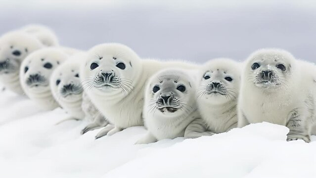Closeup of a row of Weddell seal pups lined up on the icy shore their fluffy white coats perfectly blending in with the snowcovered landscape