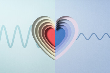 Mental health and illness. Positive and negative feeling. Wavy line and stacked heart shapes.