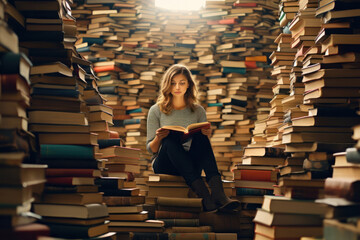 Young woman student with many books.Reading, learning concept. Information detox.