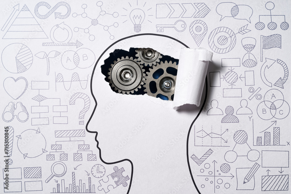 Poster thinking about business strategy and solution. thinking skill and method. human head silhouette and 