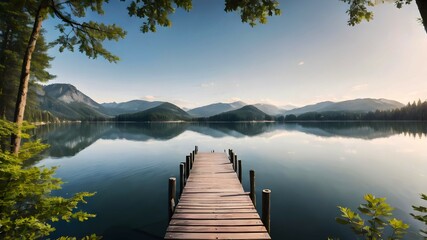 Fototapeta premium Wooden pier on a lake in the forest on a sunny day