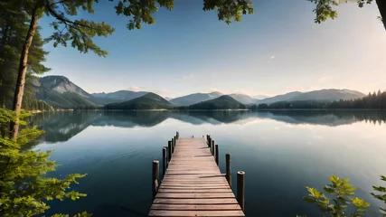 Foto op Plexiglas Wooden pier on a lake in the forest on a sunny day © Inna Nyan