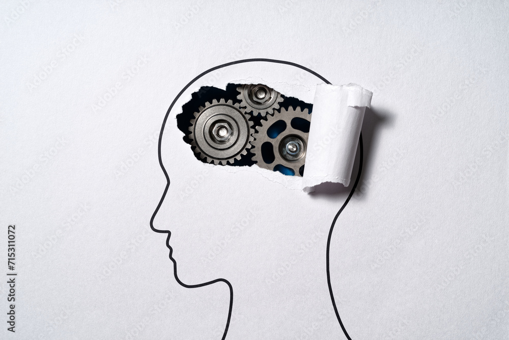 Poster Mechanism of thinking. Thinking skill and method concept. Gears and human head silhouette.