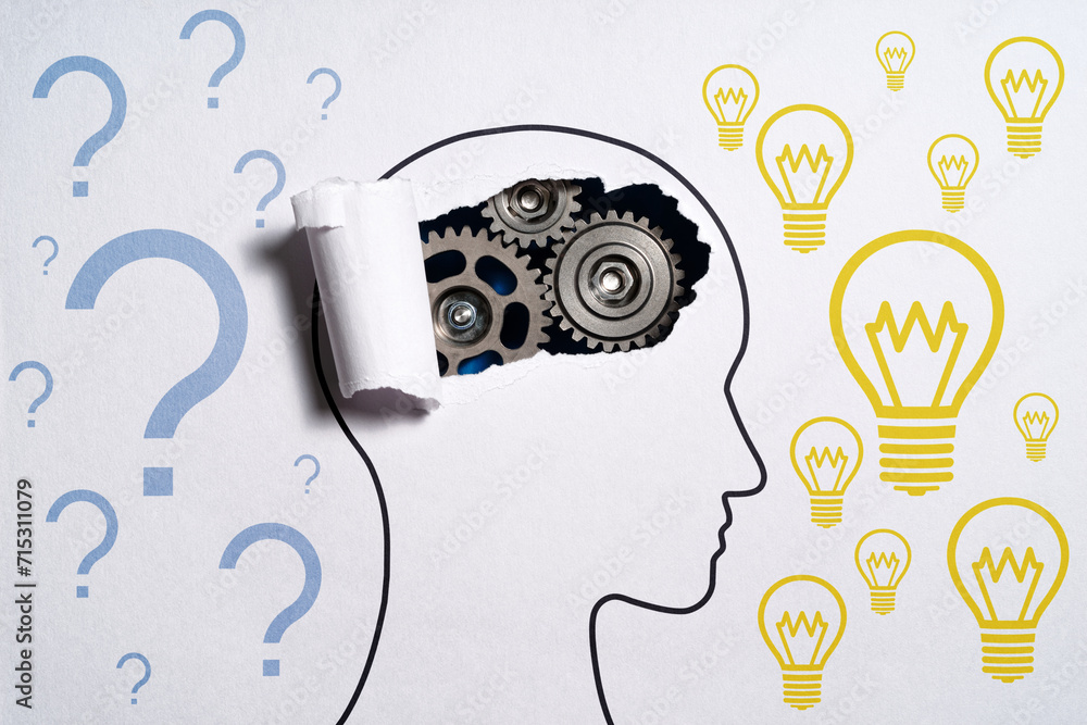 Poster Thinking about questions and getting ideas. Human head silhouette and gears. Many question marks and lightbulb icons.