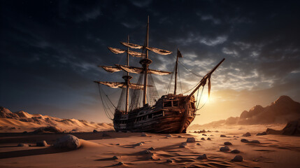 ship in the beach at the sunset - obrazy, fototapety, plakaty