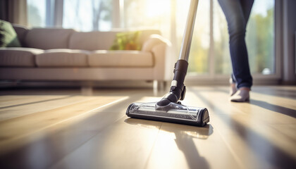 person using a vacuum cleaner in the room - obrazy, fototapety, plakaty