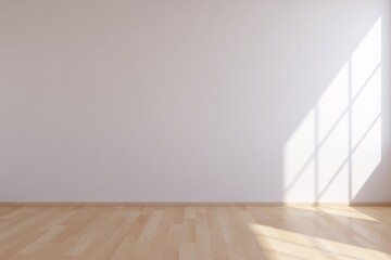 Empty minimalist interior space background with natural sunlight on white wall and wooden floor.
