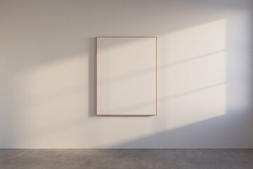 Mockup rectangle frame in minimalist interior background. Empty frame with natural sunlight on...