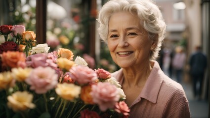 elderly woman getting flowers and smiling