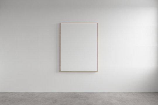 Mockup rectangle frame in minimalist interior background. Empty frame with natural lighting on white wall.