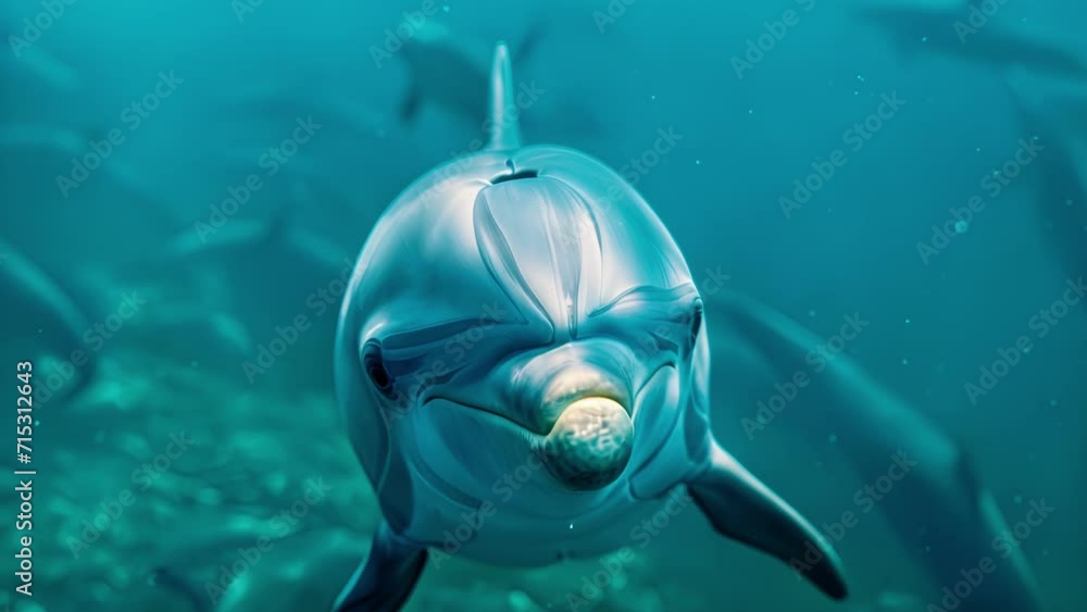 Poster closeup of a dolphins distressed face as it swims through a sea of noise pollution causing it to los