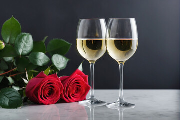 A close-up of two wine glasses and a bouquet of roses