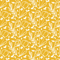 Seamless pattern white doodle flowers on yellow background.