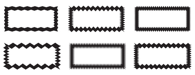 Zigzag edge hollow rounded rectangle shapes. A group of 6 rectangular shapes with round corners, jagged outside edges and varying degrees of thickness. Isolated on a white background.