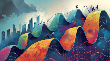 stock market as a metaphorical landscape. The central image is a upward-sloping hill, composed of rising stock market charts and graphs, symbolizing a significant market rise - obrazy, fototapety, plakaty