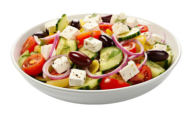 Vibrant Salad Ensemble with Feta Cheese and Olives in a Crisp Bowl on a White or Clear Surface PNG Transparent Background.
