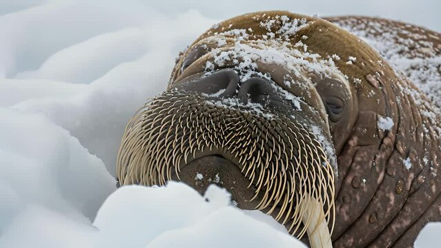 Closeup of a wrinkled walrus its thick whiskers covered in snow as it dozes off on the chilly ice