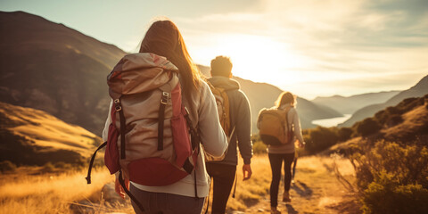 A group of hikers with backpacks are walking together along a mountain route. - obrazy, fototapety, plakaty
