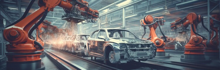 A contemporary car assembly plant embodies the latest advancements in technology. - obrazy, fototapety, plakaty