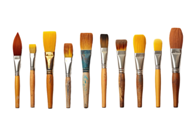 Achieve Detail and Depth with a Selection of Different Sized Paint Brushes on a White or Clear Surface PNG Transparent Background.