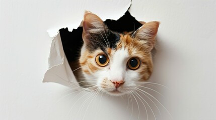 Calico cat poking head out of a hole in the paper wall , white background